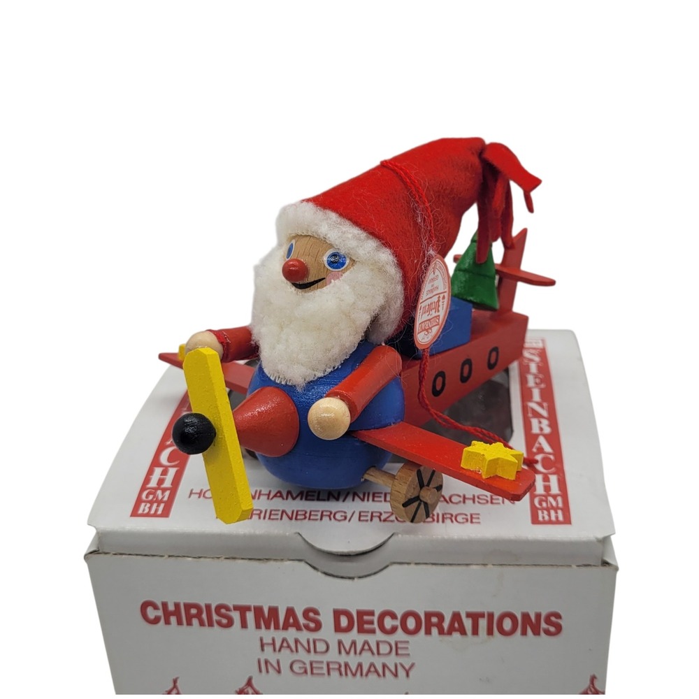 Steinbach Germany Wooden Santa Claus Airplane Christmas Ornament Erzgebirge Red